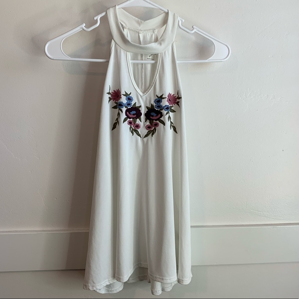 Alya White High Neck Embroidered Keyhole Tank Top